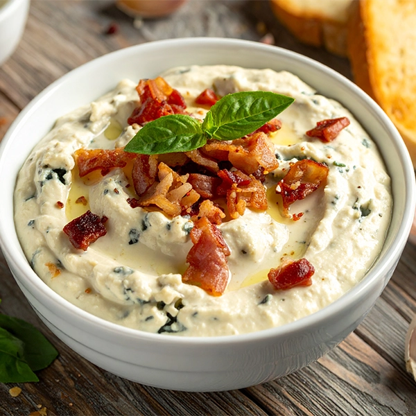 Warm Blue Cheese Dip with Garlic and Bacon